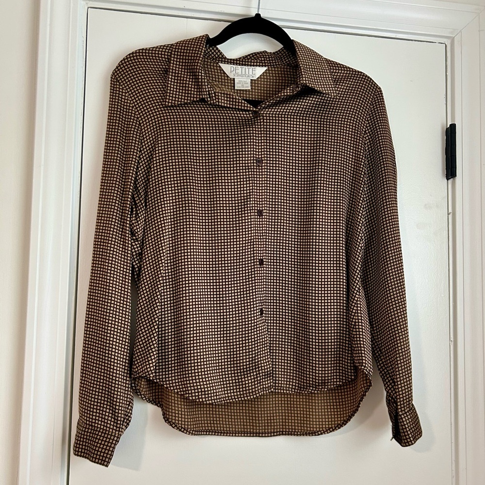 Petite Sophisticate Top Women’s 10 Petite 100% Silk Brown Checkered Blouse